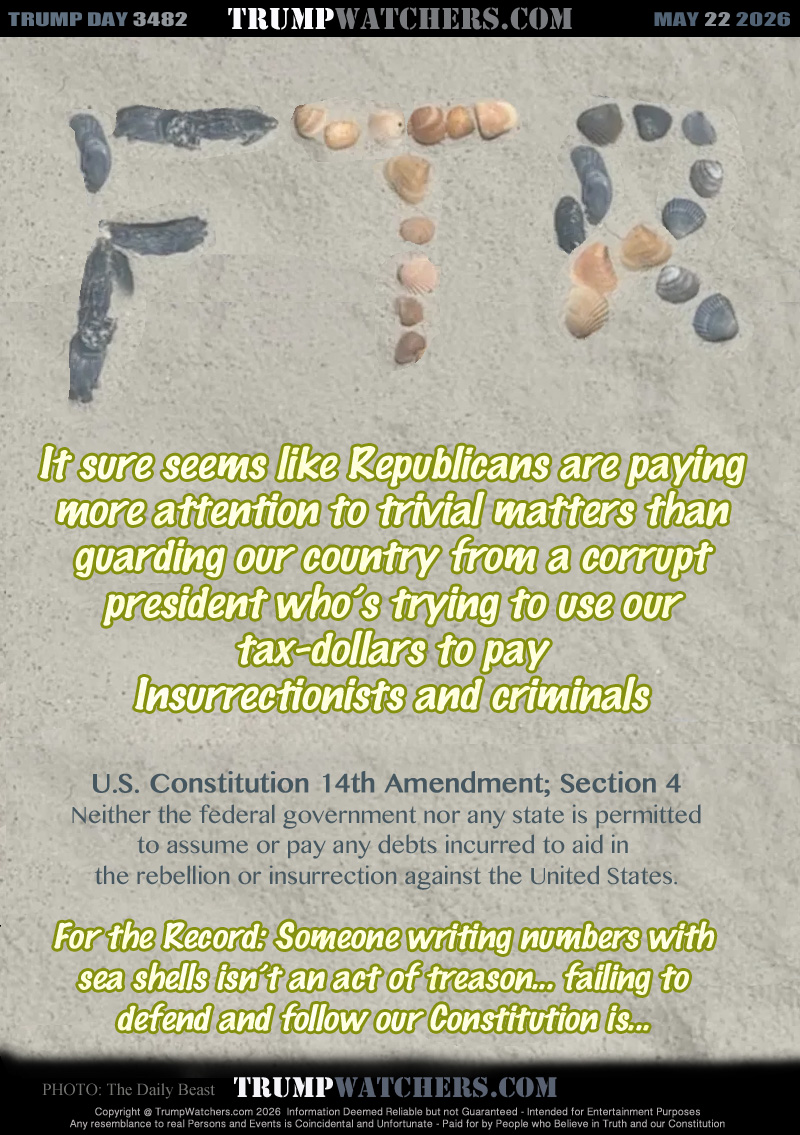 It sure seems like Republicans are paying
more attention to trivial matters than
guarding our country from a corrupt
president who’s trying to use our
tax-dollars to pay
Insurrectionists and criminals

Neither the federal government nor any state is 
permitted to assume or pay any debts incurred to 
aid in the rebellion or insurrection against the United States.

P.S. Someone writing numbers with sea shells
isn’t an act of treason... failing to defend and
our follow our Constitution is...